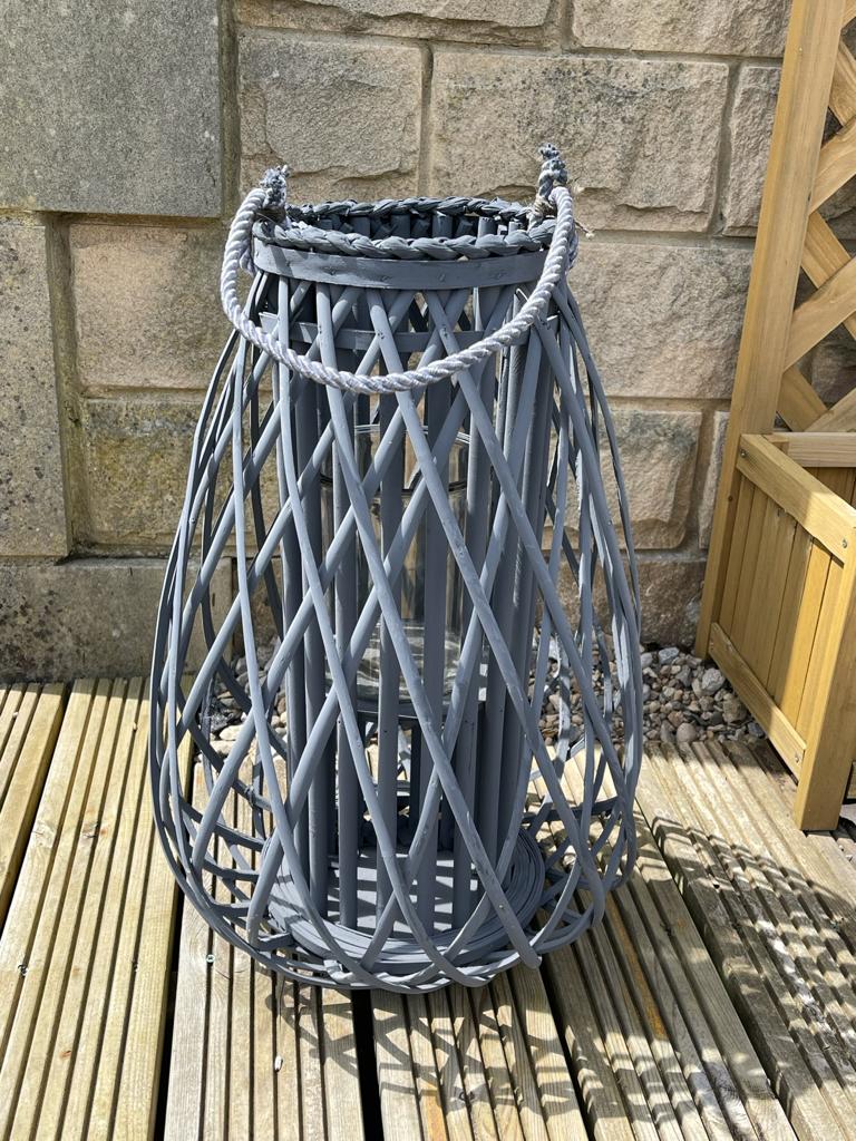 Large Grey Wicker Bulbous Lantern