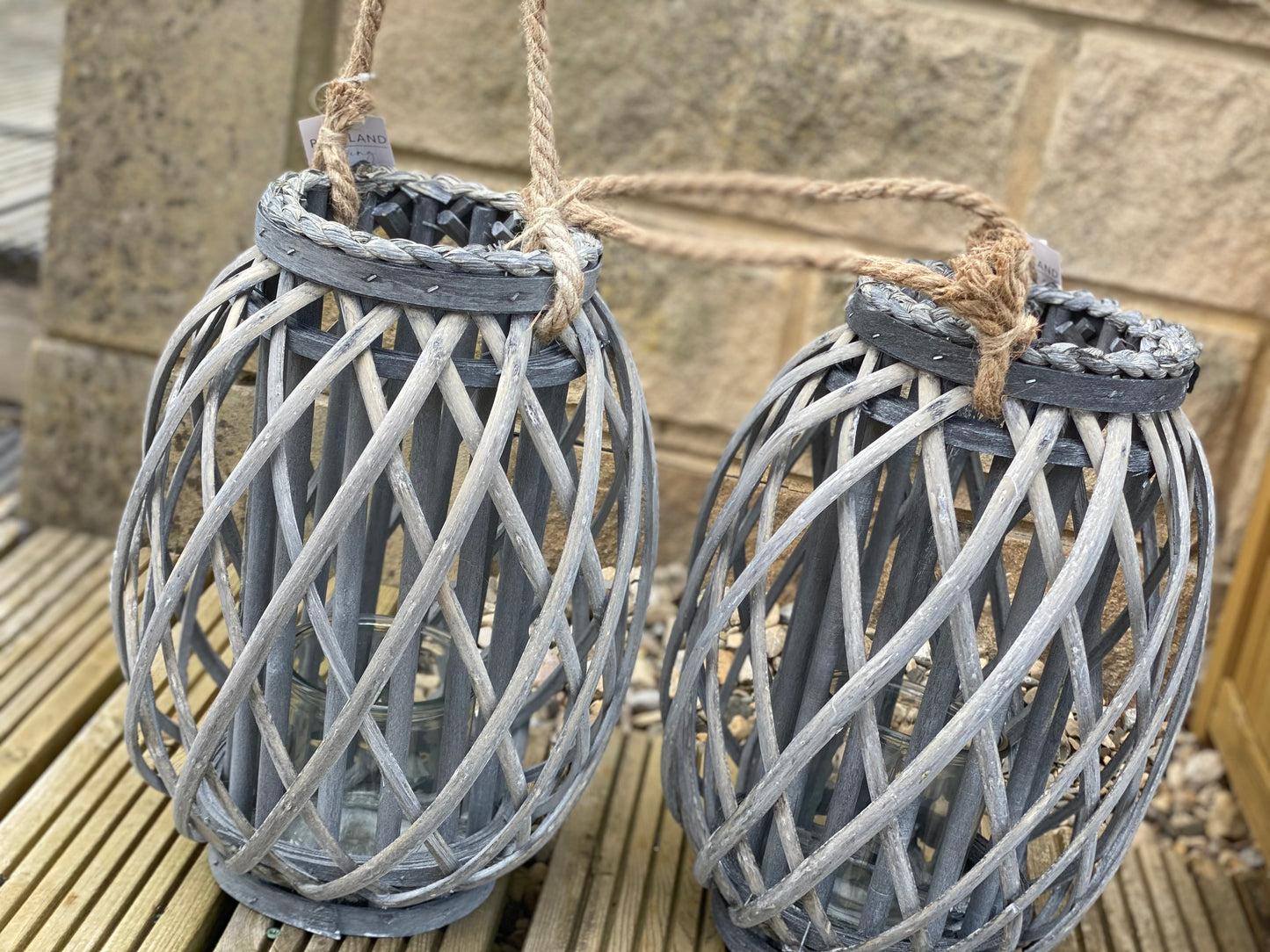 Grey Wovan Lantern with Rope Handle