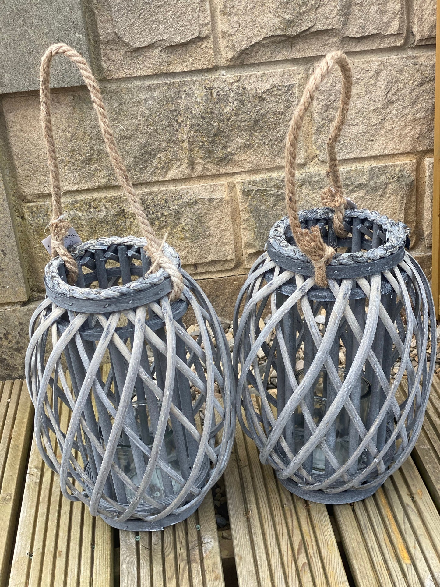 Grey Wovan Lantern with Rope Handle