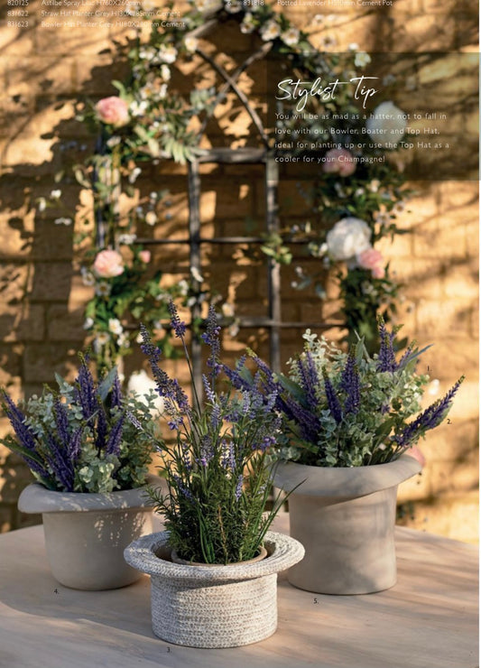Grey Concrete Hat Planters available in three styles (Straw Hat, Bowler Hat, Top Hat)