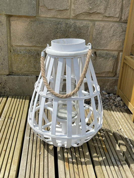 White Domed Wicker Lantern With Rope Detail