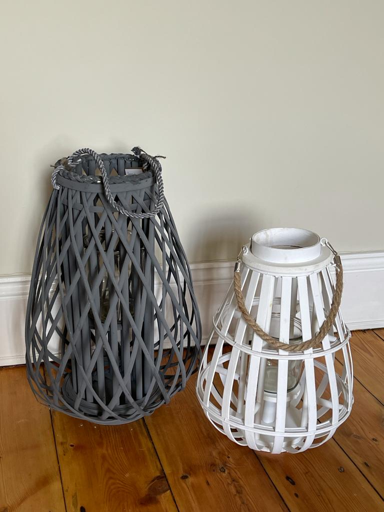 White Domed Wicker Lantern With Rope Detail